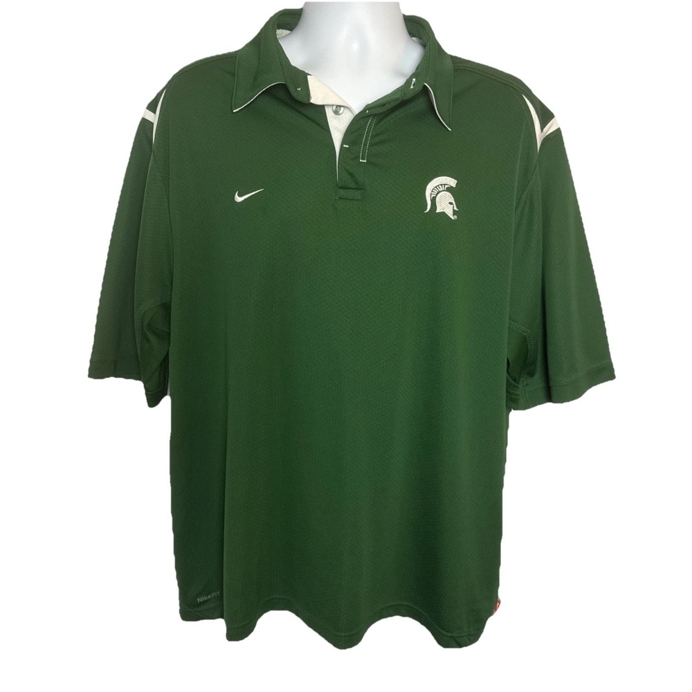 Nike Dri-Fit Mens XL Michigan State Spartans Polo‎ Shirt Green White Athleisure